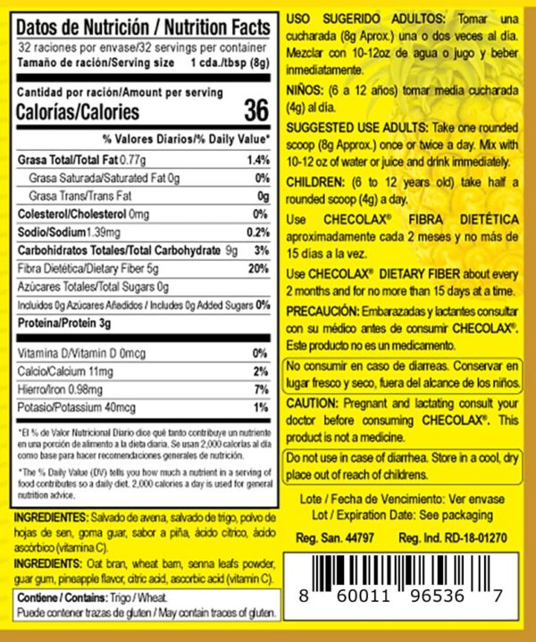 Suplemento CHECOLAX fibras naturales alivio digestión sensación saciedad