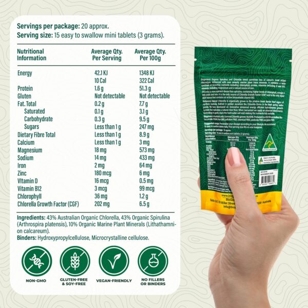 Close up de tabletas Spirulina y Chlorella con minerales