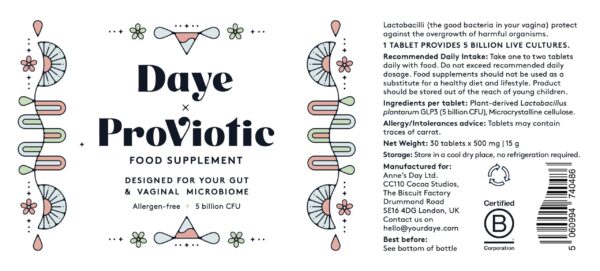 Contenido cápsulas probióticos veganos para mujer Daye