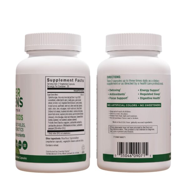 Frente caja COUNTRY FARMS Super Greens suplemento vegicaps 60 porciones