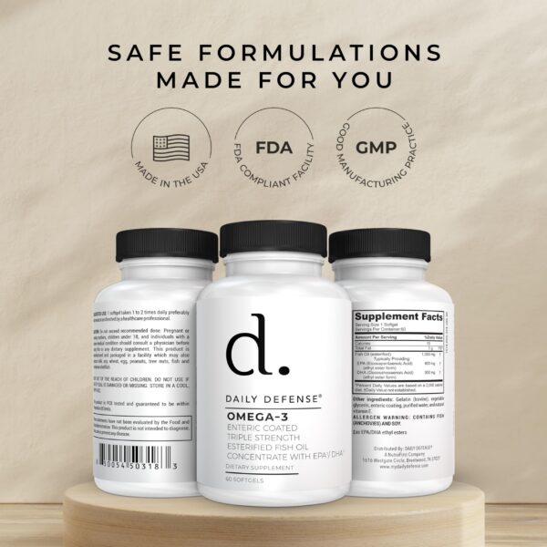 Daily Defense omega-3 capsules on tray