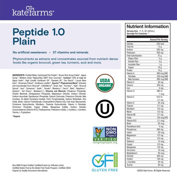 Version 1.0.0 Detalle botella Kate Farms fórmula Peptide 1.0 nutrición plantas