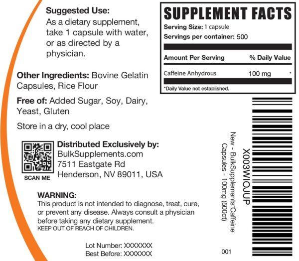 Detalle cápsula cafeína BulkSupplements 100mg sobre fondo blanco