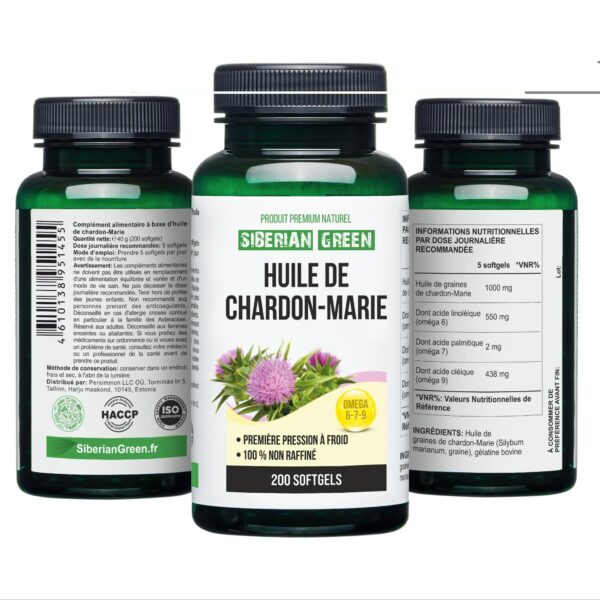 Detalle cápsulas de aceite de cardo mariano siberiano en mesa