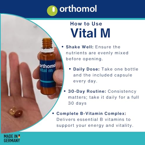 Detalle cápsulas Orthomol Vital M para vitalidad y energía hombre