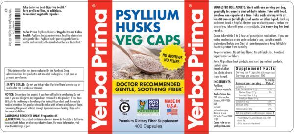 Detalle de cápsulas psyllium fibra soluble de Yerba Prima