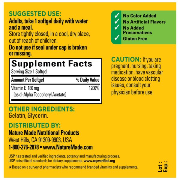 Detalle cápsulas Vitamina E Nature Made 180 mg