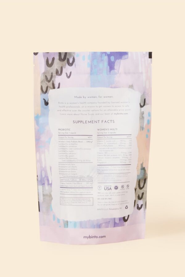 Detalle empaque suplementos Binto mujeres equilibrio hormonal