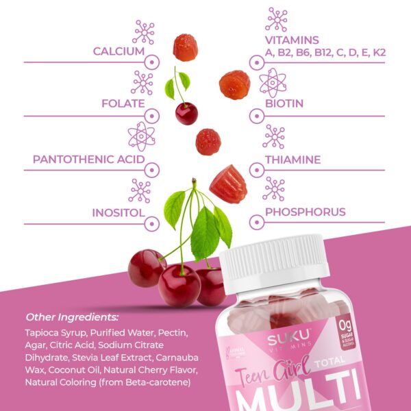 Detalle gomitas multivitamínicas SUKU para adolescentes sabor cereza