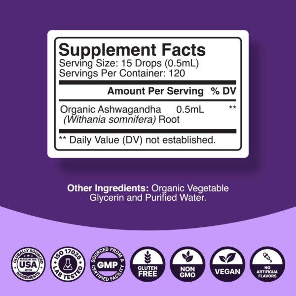Detalle gotas líquidas orgánicas de Ashwagandha para foco mental