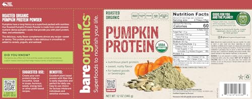 Detalle polvo proteína BareOrganics semillas de calabaza prensado en frío