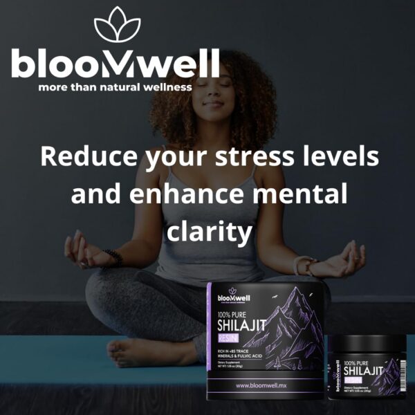 Detalle de resina pura de Shilajit Bloomwell para salud
