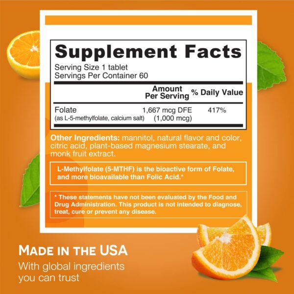 Detalle tabletas EZ Melts folato disoluble sin azúcar para hombres y mujeres