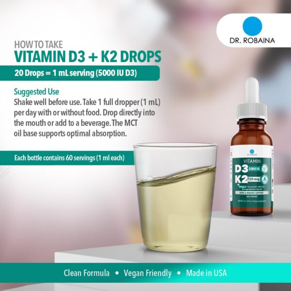 Frasco transparente con líquido de D3 y K2