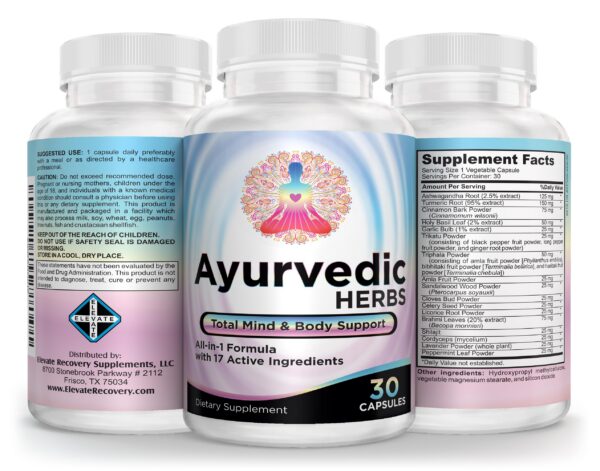 Elevate suplemento ayurvédico vista frontal botella 30 cápsulas