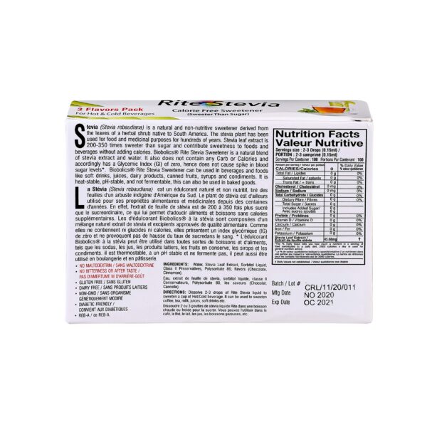 Empaque frontal gotas líquidas Rite Stevia multisabor 3 botellas