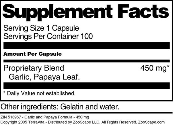 Etiqueta del producto fórmula ajo y papaya 450 mg TerraVita