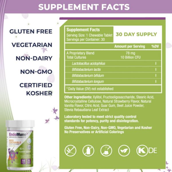 EndoMune Jr caja con 30 tabletas masticables probiótico