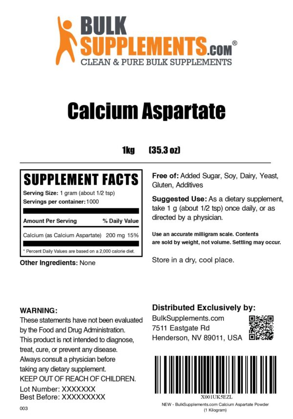 Envase de 1 kg de calcio aspartato en polvo
