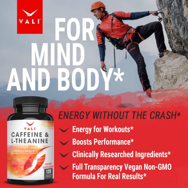 Envase cápsulas VALI cafeína l-teanina suplemento enfoque mental