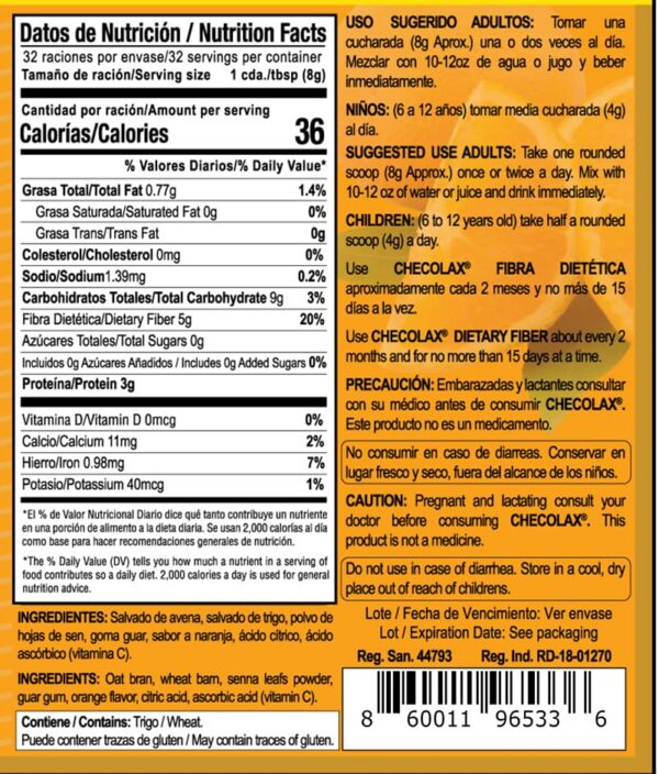 Envase CHECOLAX fibra esencial ayuda salud intestinal naranja