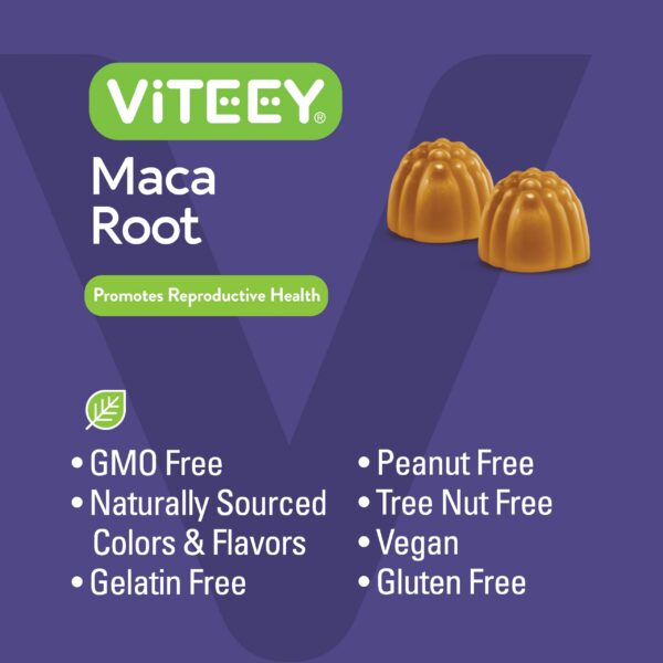 Envase de Gomitas de Raíz de Maca Viteey mostrando certificaciones