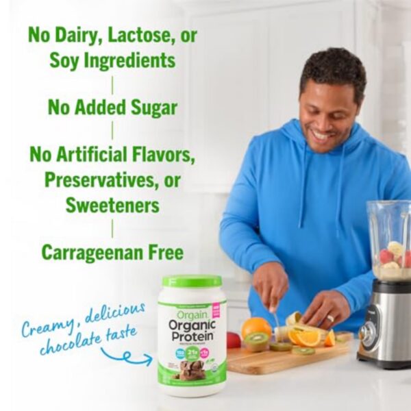 Envase lateral polvo de proteína Orgain vegano chocolate fudge