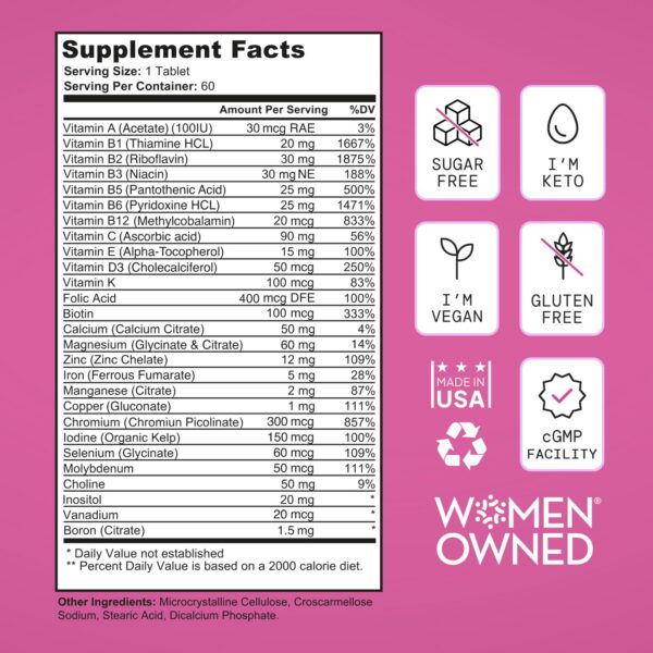 Envase multivitaminas veganas para mujeres 60 tabletas