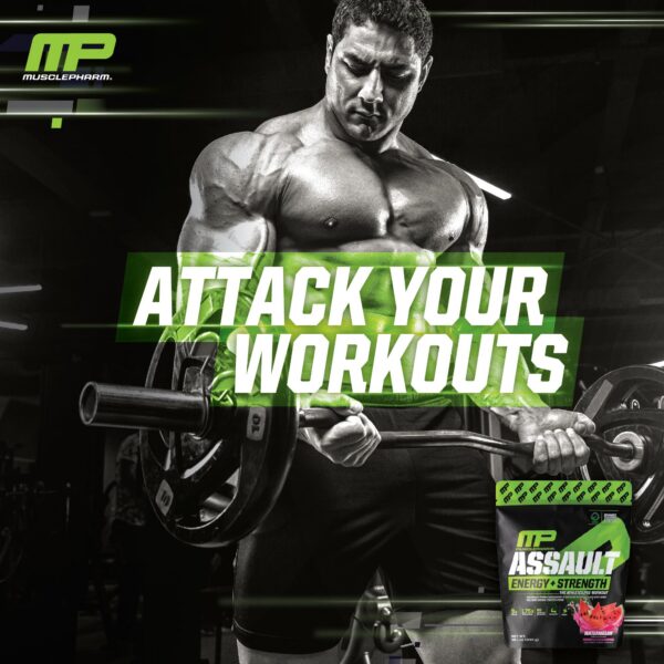 Envase de MusclePharm Assault con etiquetas y detalles complejos