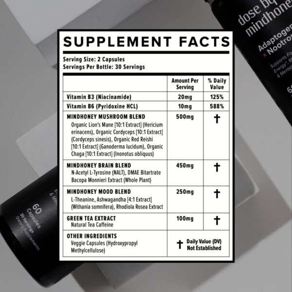 Envase de suplemento Mindhoney con vitaminas y hongos funcionales