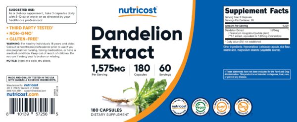 Envase suplemento Nutricost diente de león no genéticamente modificado