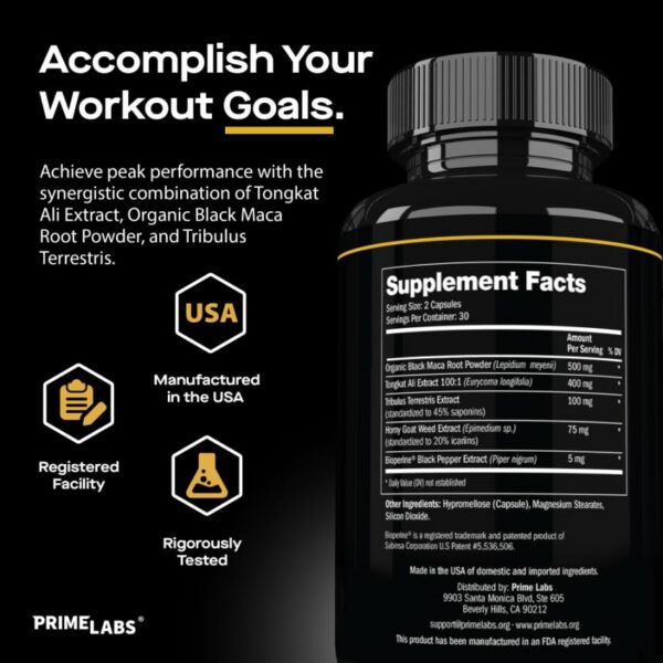 Envase de Tongkat Ali con ingredientes Maca orgánica y Tribulus Terrestris