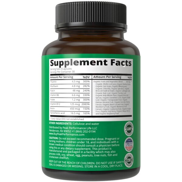 Envase de vitaminas B vegano Peak Performance 90 cápsulas