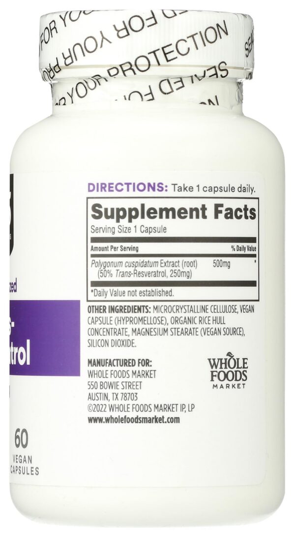 Envase Whole Foods Market Transresveratrol 250mg 60 cápsulas
