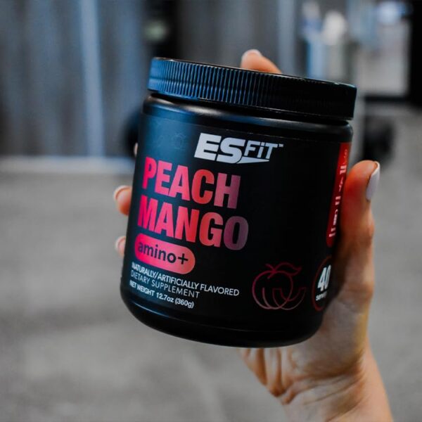 Etiqueta frontal suplemento ES FIT Amino+ sabor Durazno Mango