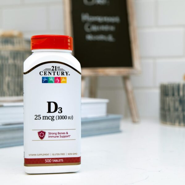 Etiqueta frontal botella vitaminas D3 21st Century