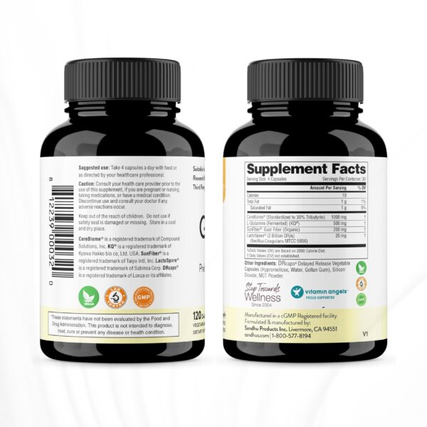 Version 1.0.0 Etiqueta frontal Sandhu's Gut Health suplemento digestivo