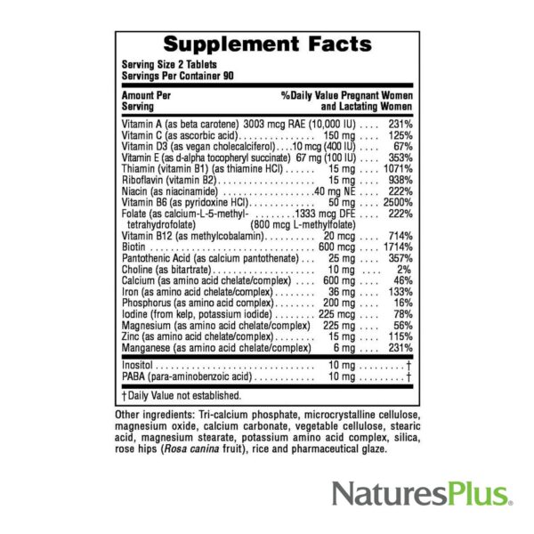 Etiqueta informativa Natures Plus Ultra multivitaminico prenatal