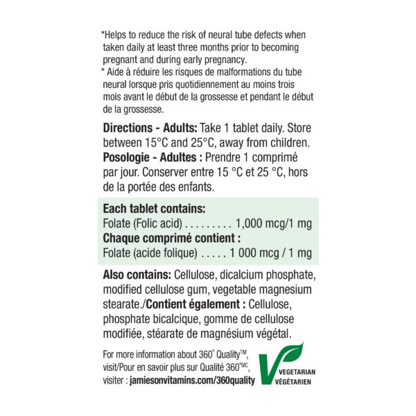 Etiqueta de producto Jamieson ácido fólico 1000 mcg