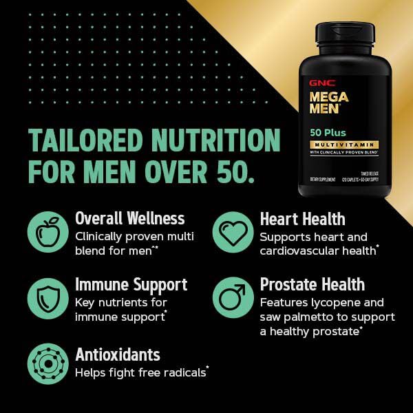 Etiqueta lateral con información nutricional GNC Mega Men 50 Plus