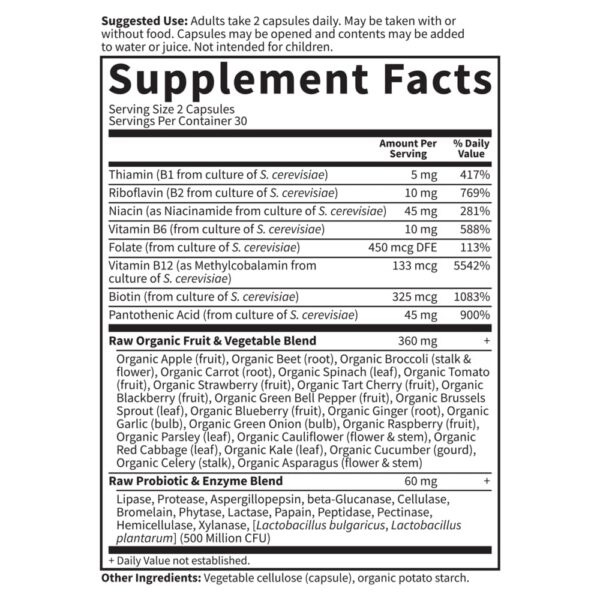 Etiqueta nutrimental Garden of Life Complejo B crudo