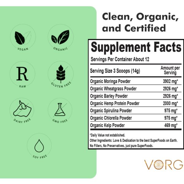 etiqueta nutricional VORG SuperGreens polvo verde