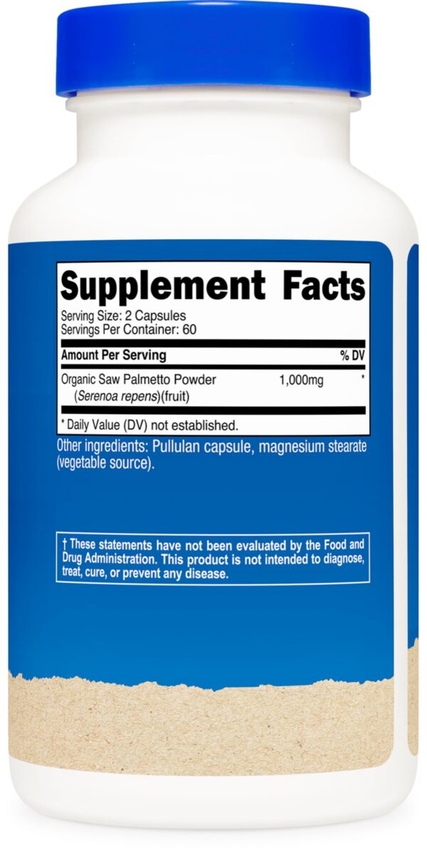 Etiqueta Nutricost Saw Palmetto suplemento natural 120 cápsulas