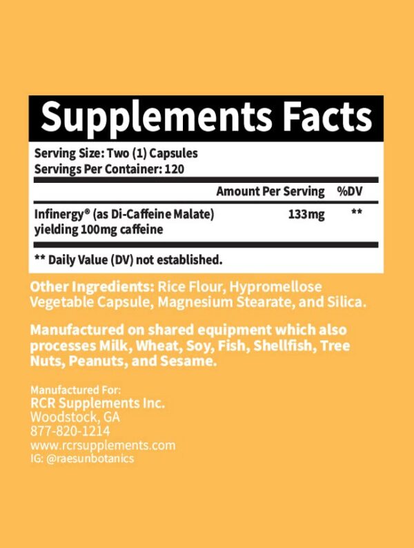 Etiqueta RaeSun Botanics Infinergy para energía y concentración