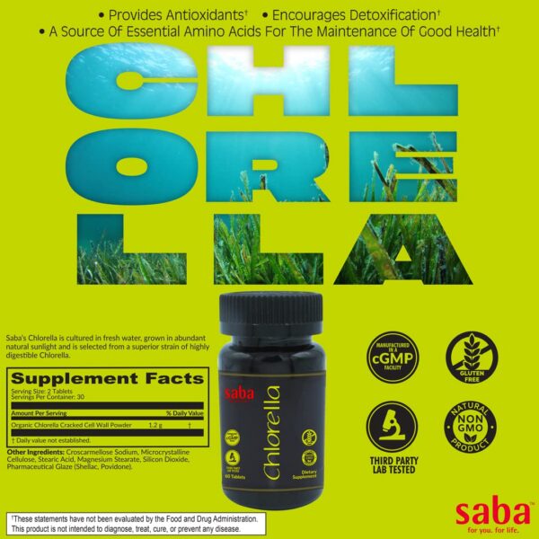 Etiqueta Saba Chlorella superalimento puro y orgánico