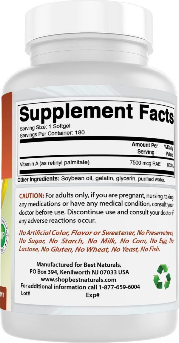 Paquete softgels vitamina a 25000 iu Best Naturals 180 piezas