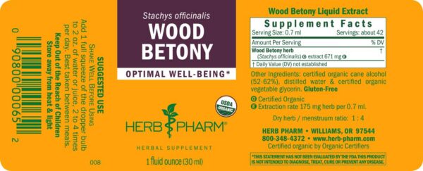 Version 1.0.0 Extracto líquido certificado wood betony Herb Pharm 1 onza