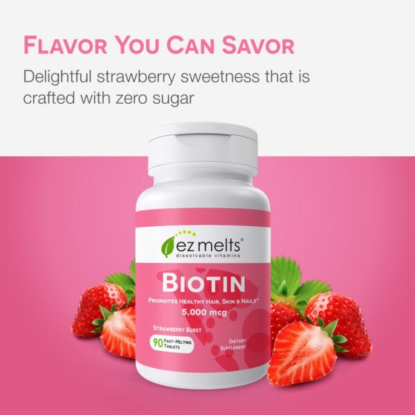 EZ Melts biotina disoluble paquete y tabletas en fondo blanco