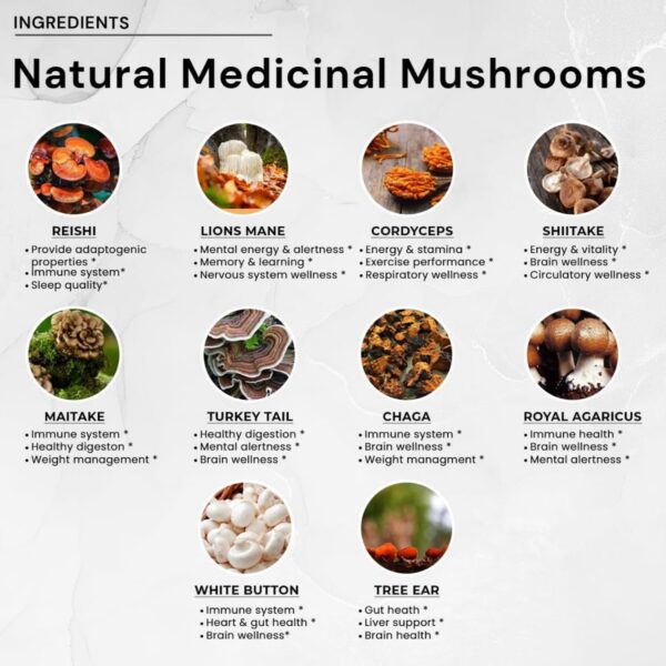 Enfoque del suplemento Focus 10x Complex con cinco imágenes de hongos