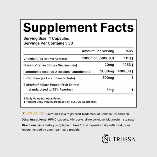 Fórmula Nutriissa contra acné con Ácido Pantoténico y L-Carnitina
